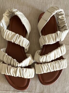 STAUD Ruched Strap Cream Leather Strappy Flat Women's Sandals